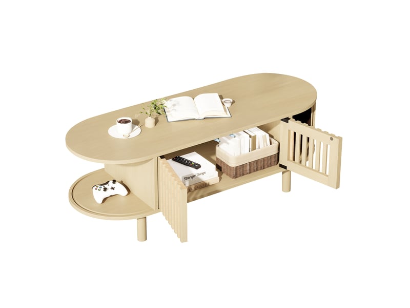 Table basse ovale 100x40x38 cm en mdf bois clair, avec portes à lamelles, pieds en bois massif, rangement intégré  - Conforama A