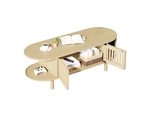 Table basse ovale 100x40x38 cm en mdf bois clair, avec portes à lamelles, pieds en bois massif, rangement intégré