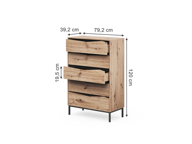  Vicco commode avec tiroirs, chênenoir, 79.2x120cm avec 5 tiroirs  - Conforama B