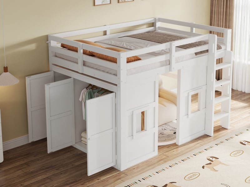  Lit mezzanine en bois, 140 x 200 cm, avec armoire intégrée, 2 fenêtres et éclairage led, blanc N879P000209K-1 - Conforama B