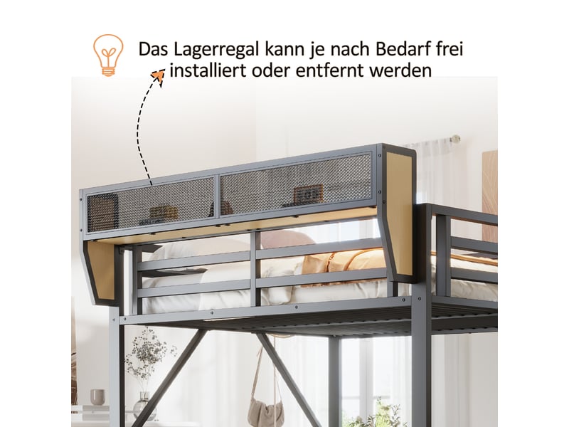  Lit mezzanine 140 x 200 cm avec échelle sécurisée et rangement modulable, couchage adulte ou enfant, structure en métal noir evarich - Conforama D