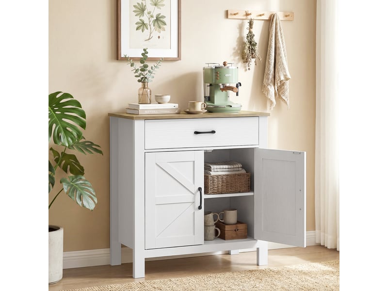  Buffet de salon, meuble de rangement avec 2 portes coulissantes de style grange, tiroir et étagère réglable, 77 x 39,3 x 81,5 cm, blanc et marron  - Conforama C