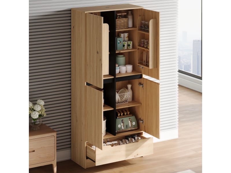  Buffet haut 80x35x180 cm avec 1 tiroir et 4 portes sans poignées en mdf couleur naturel, design simple  - Conforama E