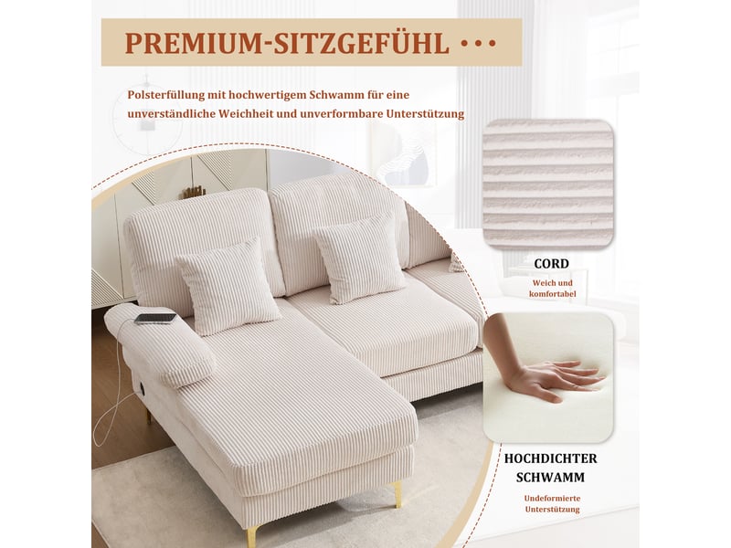 Canapé d'angle, canapé moderne – éclairage led, beige, forme u, port usb - Conforama W