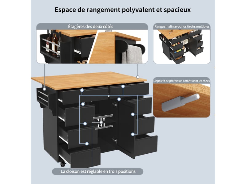  Îlot de cuisine mobile 122 x 46-74.5 x 91.5 cm avec plateau rabattable, 8 tiroirs, étagère réglable et roulettes, noir  - Conforama D