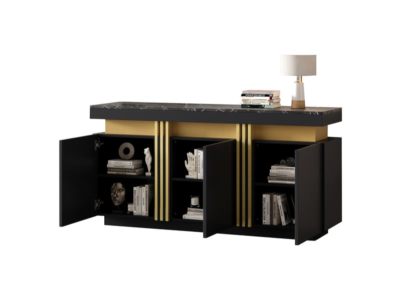 Buffet moderne noir et or 140 cm, bahut 3 portes avec étagères réglables, effet marbre - Conforama A