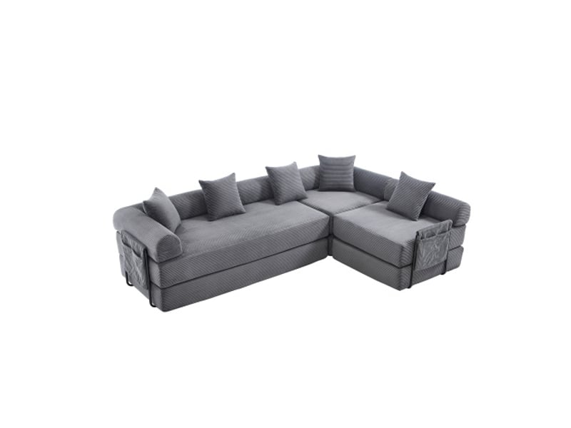  Canapé d’angle convertible, canapé 5 places avec poches latérales, 5 coussins, en velours, gris  - Conforama A