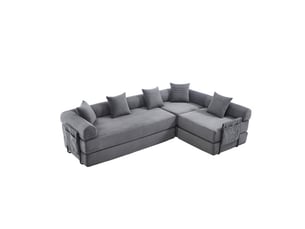 Canapé d’angle convertible, canapé 5 places avec poches latérales, 5 coussins, en velours, gris