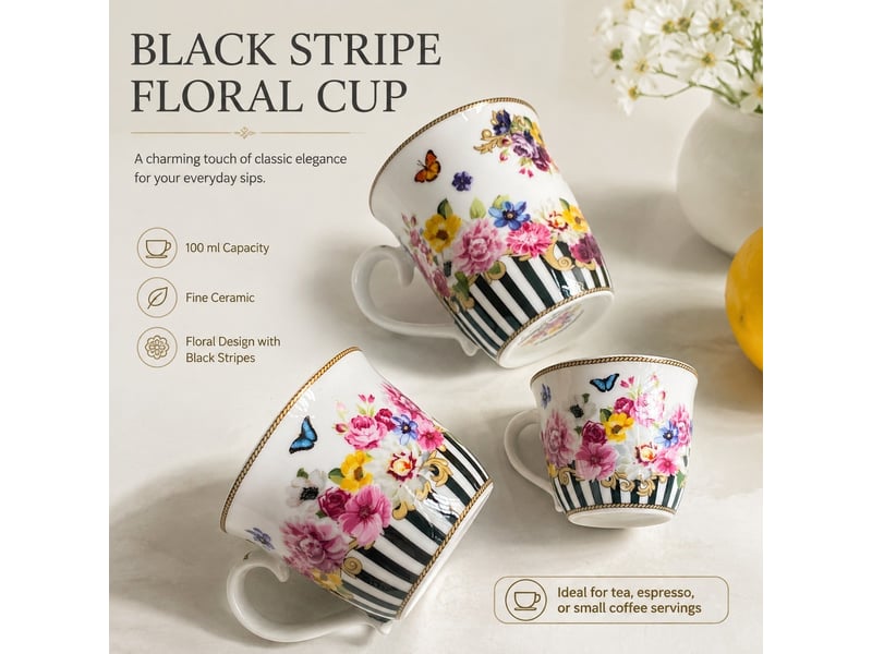  Mug en céramique, fleurs et rayures noires, grand format, 300 ml  - Conforama D