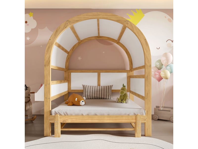  Lit gigogne enfant 140x200cm - design cabane toit voûté - lit gigogne - étagère latérale, structure pin massif, blanc et naturel  - Conforama D