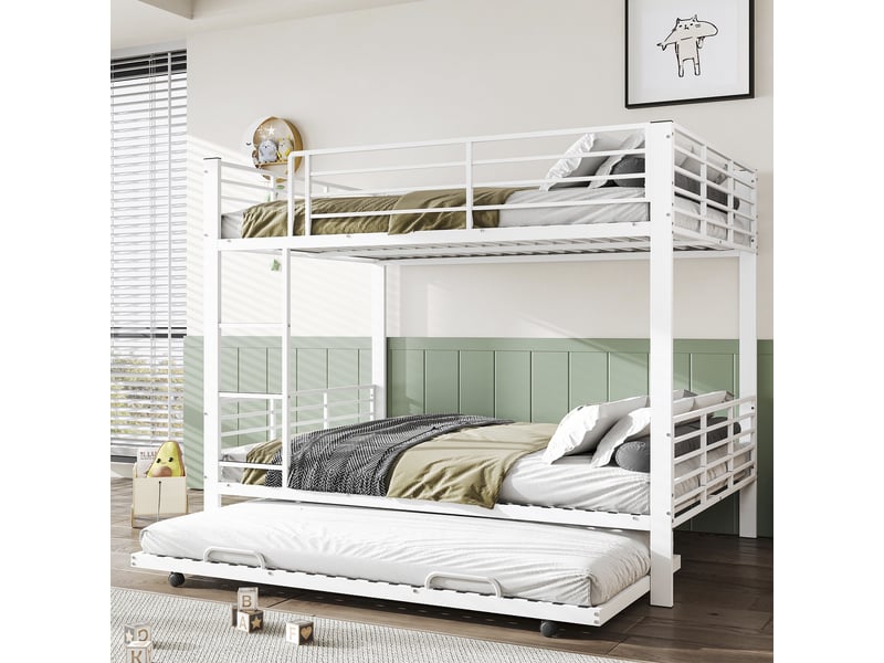  Lit superposé 140x200cm - lit triple en métal avec lit gigogne amovible pour enfants et ados - blanc  - Conforama B