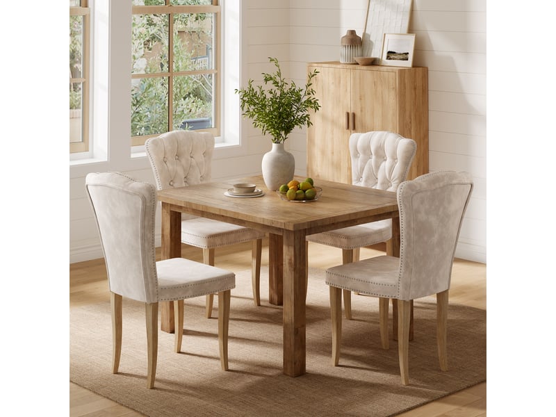  Lot de 2 chaises salle à manger,chaises de cuisine, dossier clouté,pieds en bois,rembourrée,50x47x99 cm,velours,beige  - Conforama D
