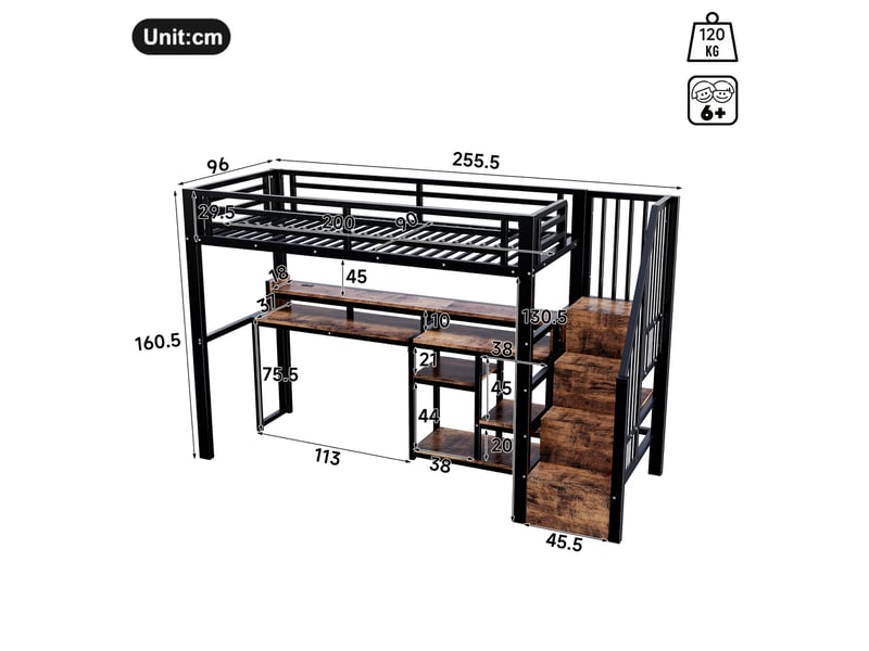  Lit mezzanine 90x200 cm, escalier avec rangements, led et ports usb et type-c, en métal, noir, sans matelas  - Conforama C