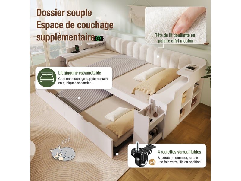  Lit banquette 140x190 cm avec lit gigogne 90x190 cm, rangement, usb-c, tête de lit sherpa et sommier métal - blanc  - Conforama D