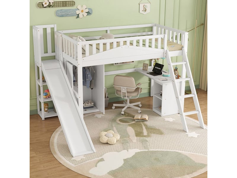 Lit superposé 90x200 cm - lit enfant avec armoire et étagère - protection et toboggan - bois - blanc - Conforama B
