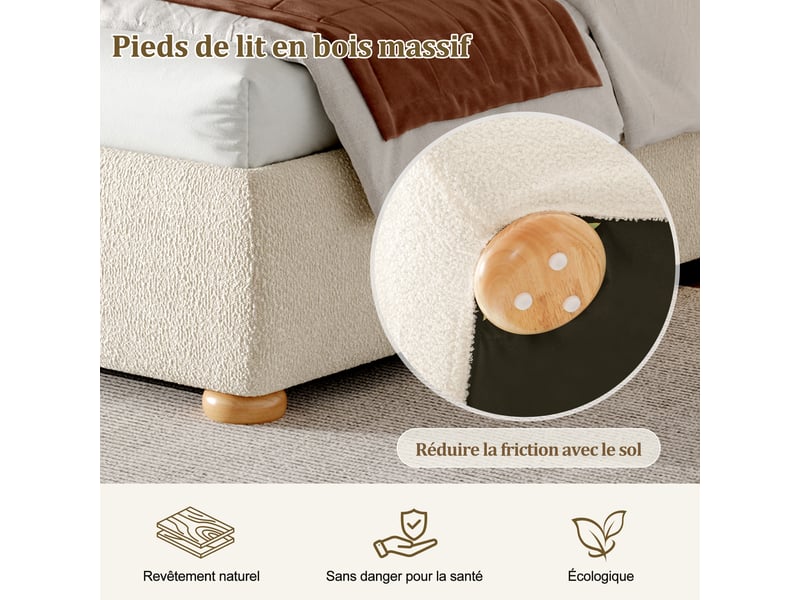  Lit capitonné double 140x190 cm a sommier à lattes, lit 1 personne avec grand espace de rangement, tête de lit rembourrée  - Conforama W