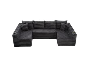 Canapé d'angle panoramique fixe <strong>MERAX</strong> <strong>canapé compressible</strong> 6 places Tissu gris foncé