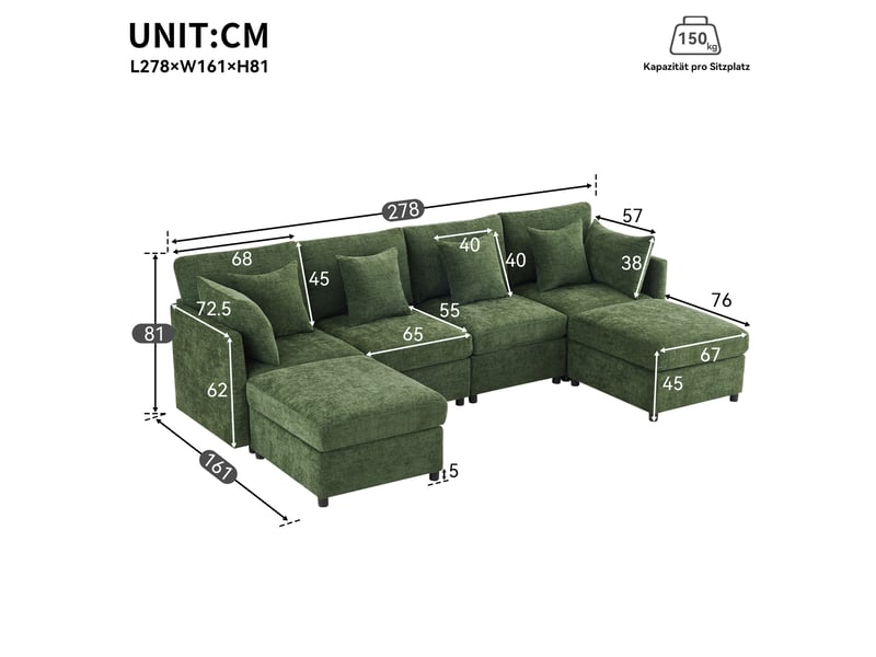 Canapé modulable ulevr convertible en u ou l, 6 places, 2 poufs et 6 coussins, tissu chenille vert, 278 x 161 x 81 cm - Conforama C