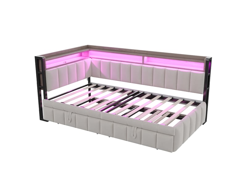  Lit gigogne enfant 90x200 cm gris clair velours, led réglable, ports usb et type-c, rangements intégrés  - Conforama D