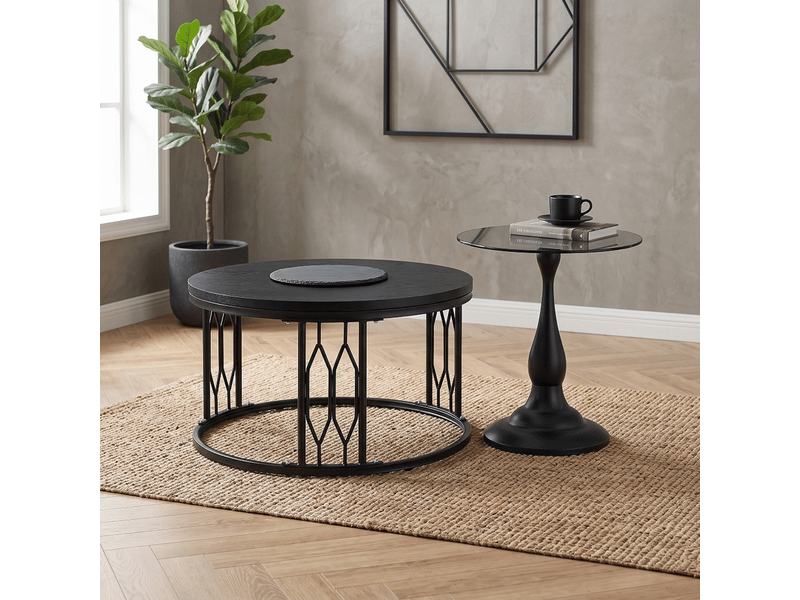  Table basse ronde avec plateau imitation bois - lpospi - piètement géométrique en mdf et métal noir 70 × 40,5 cm  - Conforama C