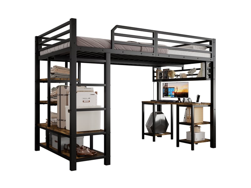  Lit mezzanine 120x200 cm avec bureau et étagères intégrés, lit surélevé pour chambre enfant et adolescent, avec échelle à 4 marches, noir  - Conforama A