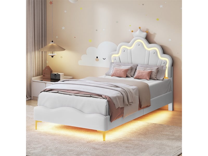  Lit 90x200 cm - lit enfant 90x200 cm - lit simple princesse couronne avec led tête et dessous de lit en similicuir - blanc  - Conforama D