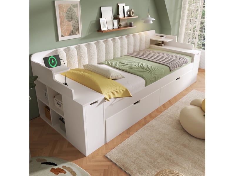  Lit gigogne 90x200 cm, lit jeune avec rangement, usb, mdf couleur blanc sans matelas, design moderne, confort optimal  - Conforama D