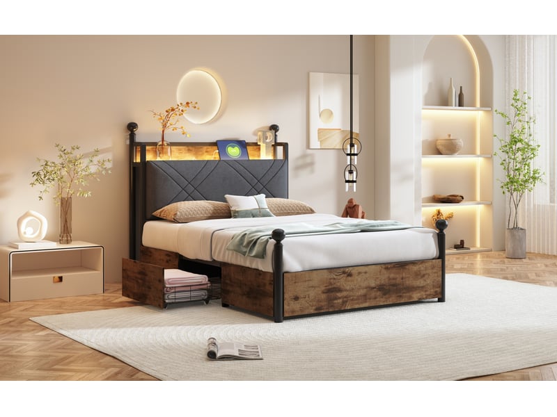 Lit 90x190 cm avec rangement, led, usbtype-c, métal, noir sans matelas - Conforama D