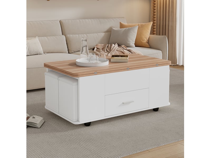 Table basse relevable 100x50 cm avec 4 tabourets, tiroir et roulettes blanc naturel - Conforama D
