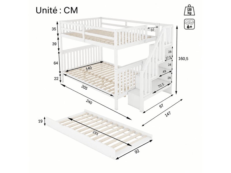  Lit superposé 140 x 200 cm avec lit gigogne et escalier de rangement, en pin et mdf blanc pour chambre d'enfant  - Conforama C