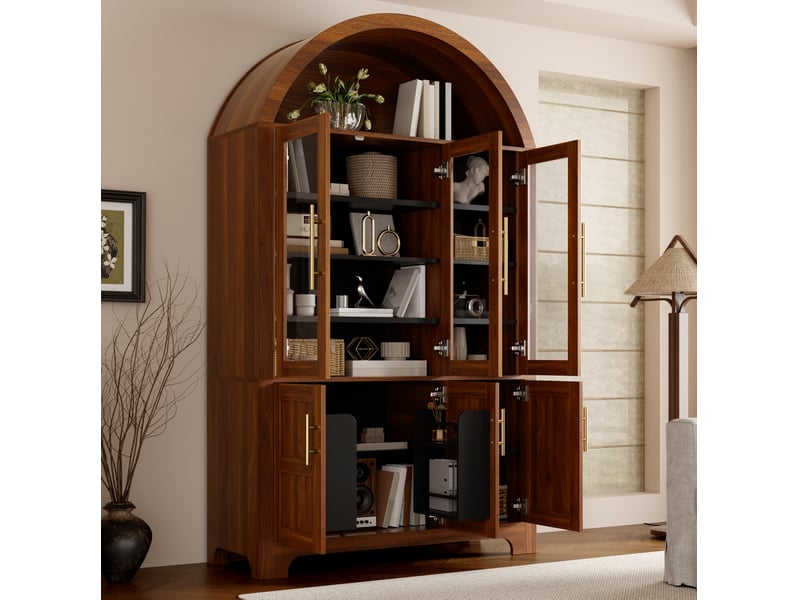  Buffet haut moderne 110x40x185 cm, niche ouverte en arche, 3 portes vitrées et 3 portes, mdf, couleur noyer  - Conforama D