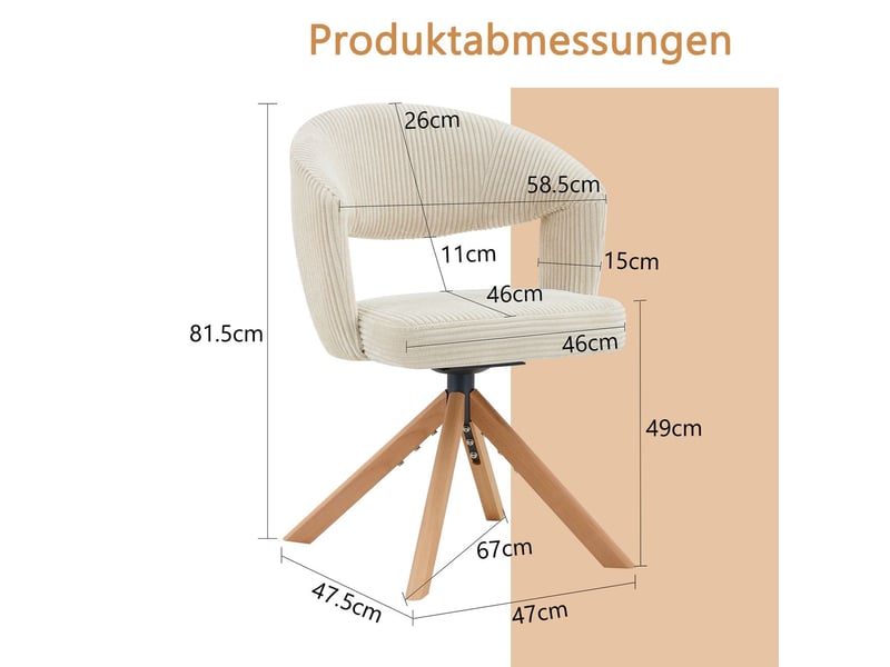  Lot de chaises 2 pièces style rétro luxe cord crème blanc structure à bandes verticales pieds en bois massif rotation silencieuse à 360° dossier galbé  - Conforama C