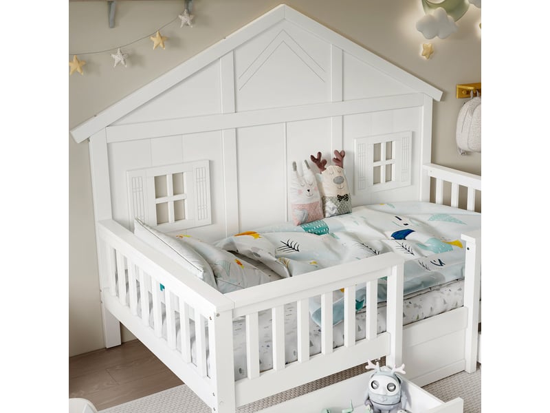 Lit cabane enfant 90x200 cm - avec 2 tiroirs - avec des balustrades et des fenêtres - bois massif + mdf - blanc (sans matelas)  - Conforama W