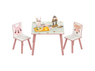 Ensemble table et chaises 3 pièces pour enfants de 3 à 8 ans, en mdf et pin, motifs animaux, rose