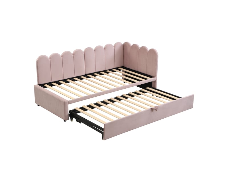  Lit d'appoint 2-en-1 en l 90180 x 200 cm, tissu velours rose, convertible et compact pour chambre d'amis, lit gigogne  - Conforama A