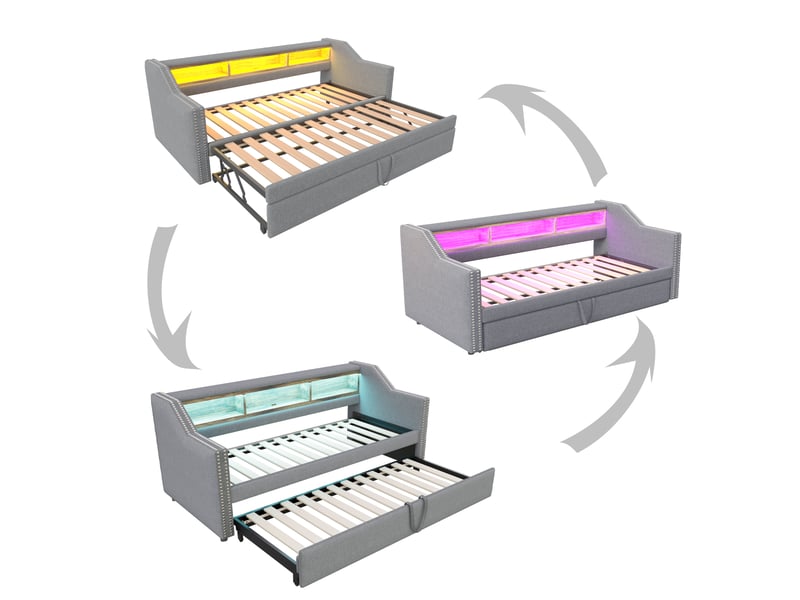 Lit gigogne enfant 90180x200cm, canapé-lit avec led, rangement, port usb, sommiers, lin gris clair, sans matelas - Conforama E