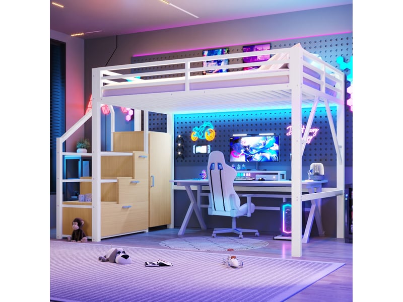 Lit mezzanine 140x200 cm avec rangement, armoire, led et escalier, blanc - Conforama D