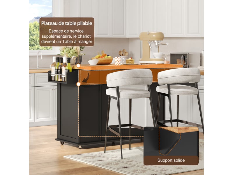 Îlot de cuisine roulant extensible 120 x 4570 x 89 cm avec plateau rabattable, rangement + 3 tiroirs, mdf, noir et bois - Conforama E