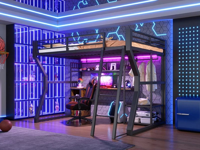 Lit mezzanine, 140 x 200 cm, avec bande lumineuse, prise électrique, espace penderie, bureau,noir - Conforama B