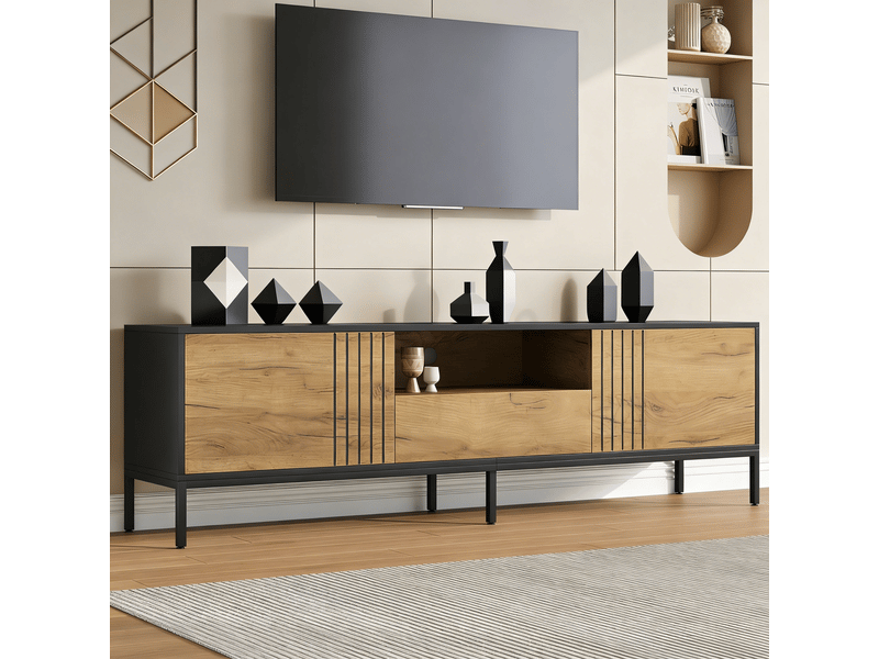  Meuble tv bas 170 cm bois et noir, banc tv avec 2 portes et 1 tiroir, console tv pour écran 70 pouces, meuble de salon  - Conforama E