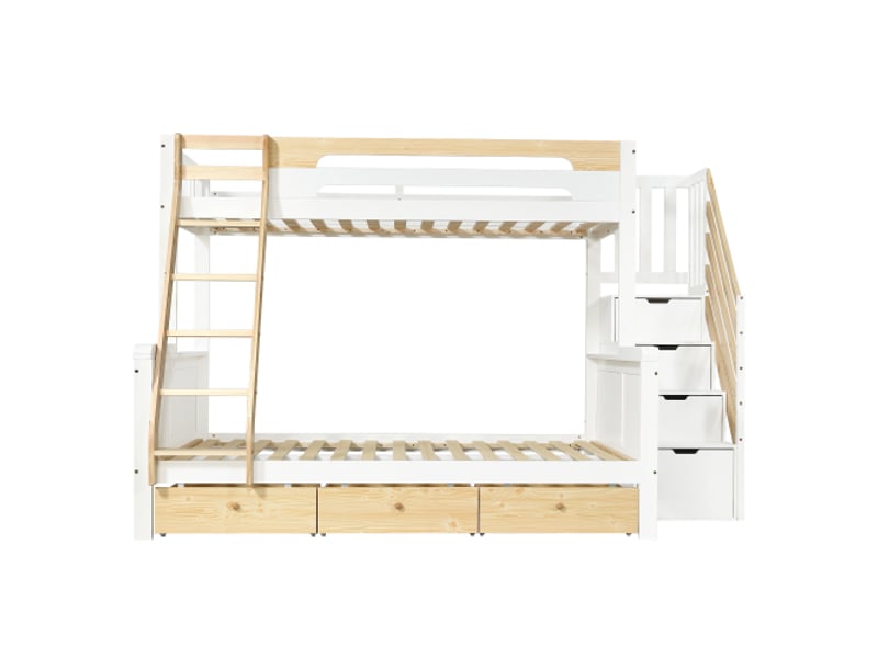 Lit superposé enfant 90 x 200 et 140 x 200 cm, avec escalier, 3 coffres de rangement et barrière de sécurité, blanc - Conforama A