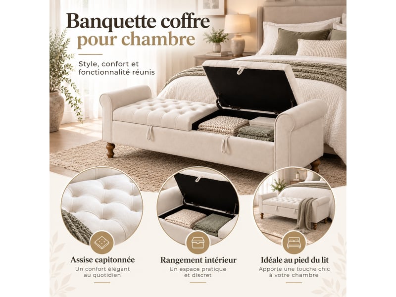  Banquette convertible en velours beige 156 x 46 x 51 cm, 2 couvercles rangement,avec accoudoirs roulés  - Conforama E