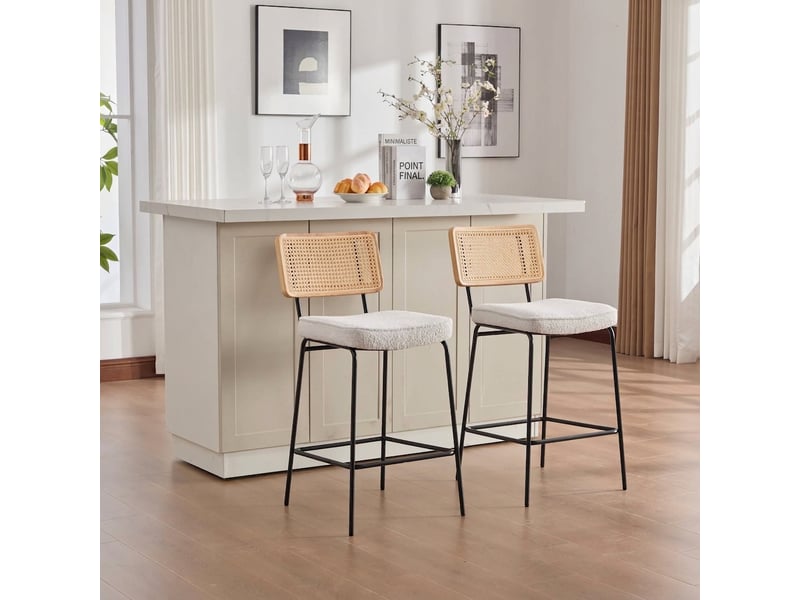  Tabouret de bar ivoire lot de 2 chaises de bar avec dossier aspect rotin et pieds en métal 96.5 cm  - Conforama B