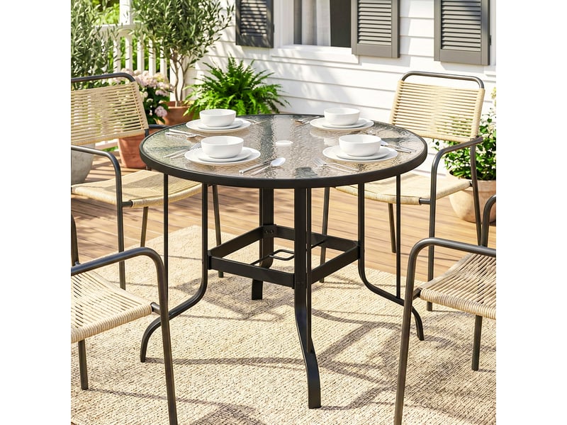 Table de jardin ronde avec trou pour parasol, métal et verre trempé, ø96,5 x 71 cm, noire  - Conforama D