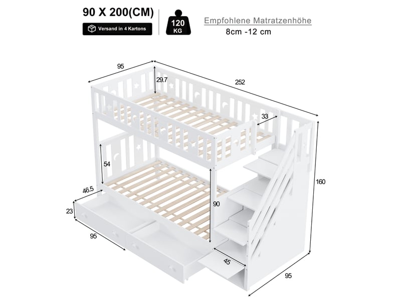 Lit superposé enfant 2x90x200 cm – blanc – escalier de rangement sécurisé, 2 tiroirs et sommiers inclus - Conforama C