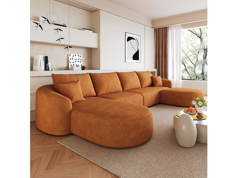  Canapé d’angle en u 5 places en tissu chenille orange, 336x168x85 cm  - Conforama R