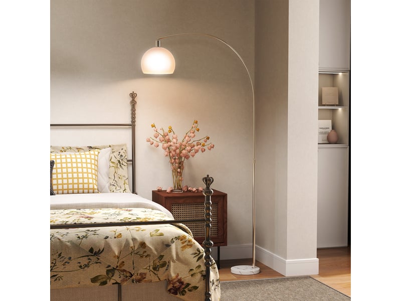  Lampadaire, tête incurvée, interrupteur au pied, base en marbre, abat-jour en plastique, blanc  - Conforama C