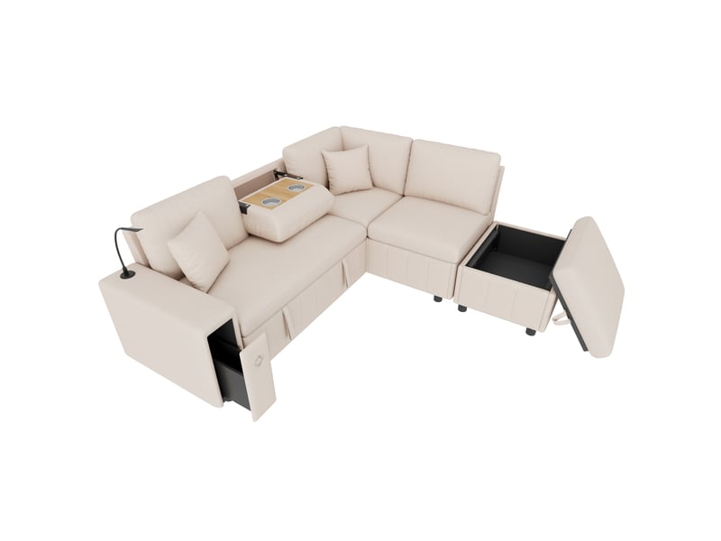  Canapé d’angle convertible en l 5 places 213x184 cm, pouf coffre, table rabattable, 2 porte-gobelets, lampe de lecture, usb et usb-c, effet lin beige Radiant Stride - Conforama A