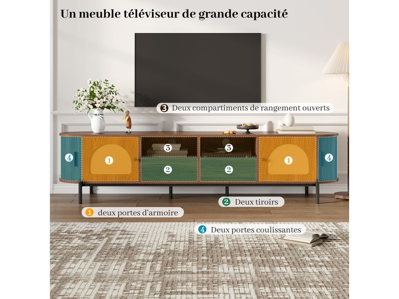  Meuble tv ovale rotin 200 cm - portes coulissantes et tiroirs - pieds métal noir - noyer  - Conforama D