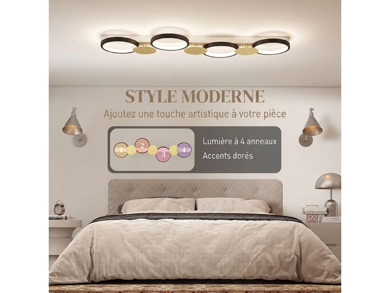  Plafonnier led 38 w noir et doré, 4 anneaux, luminosité et couleur 3000 à 6500 k réglables avec télécommande, salon  - Conforama D